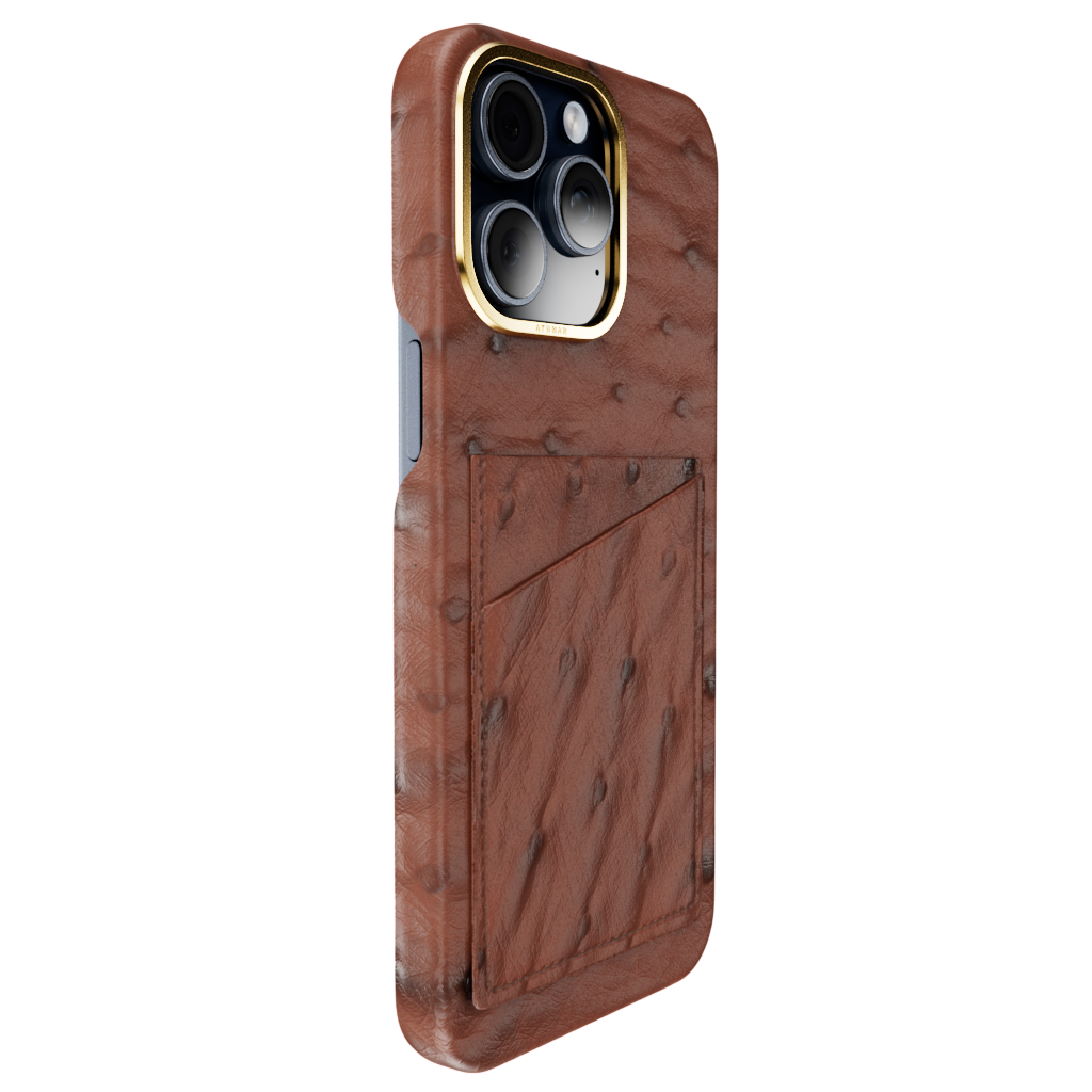 iPhone 15 Pro / Pro Max Leather Case - Ostrich Dark Brown - Gold Frame