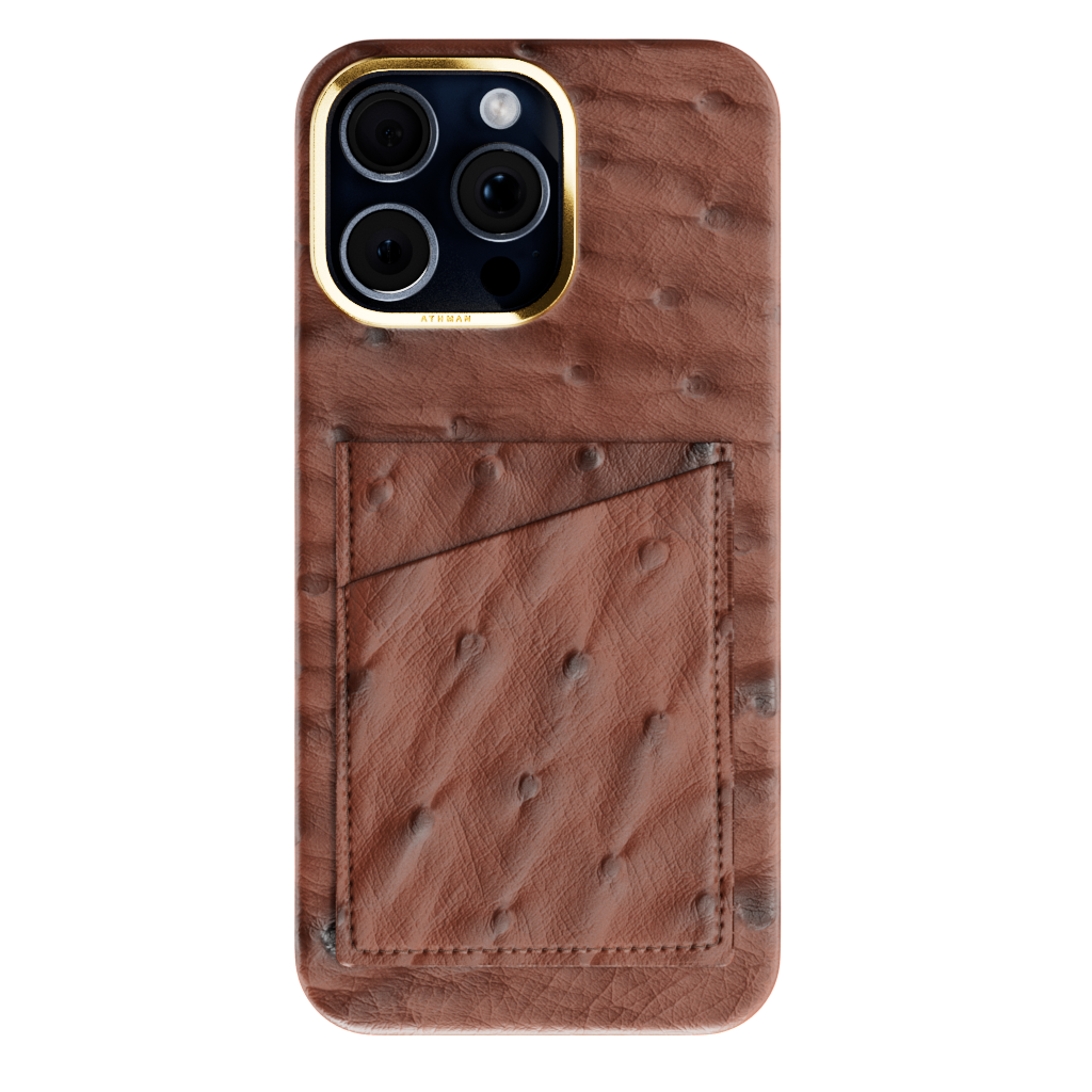 iPhone 15 Pro / Pro Max Leather Case - Ostrich Dark Brown - Gold Frame