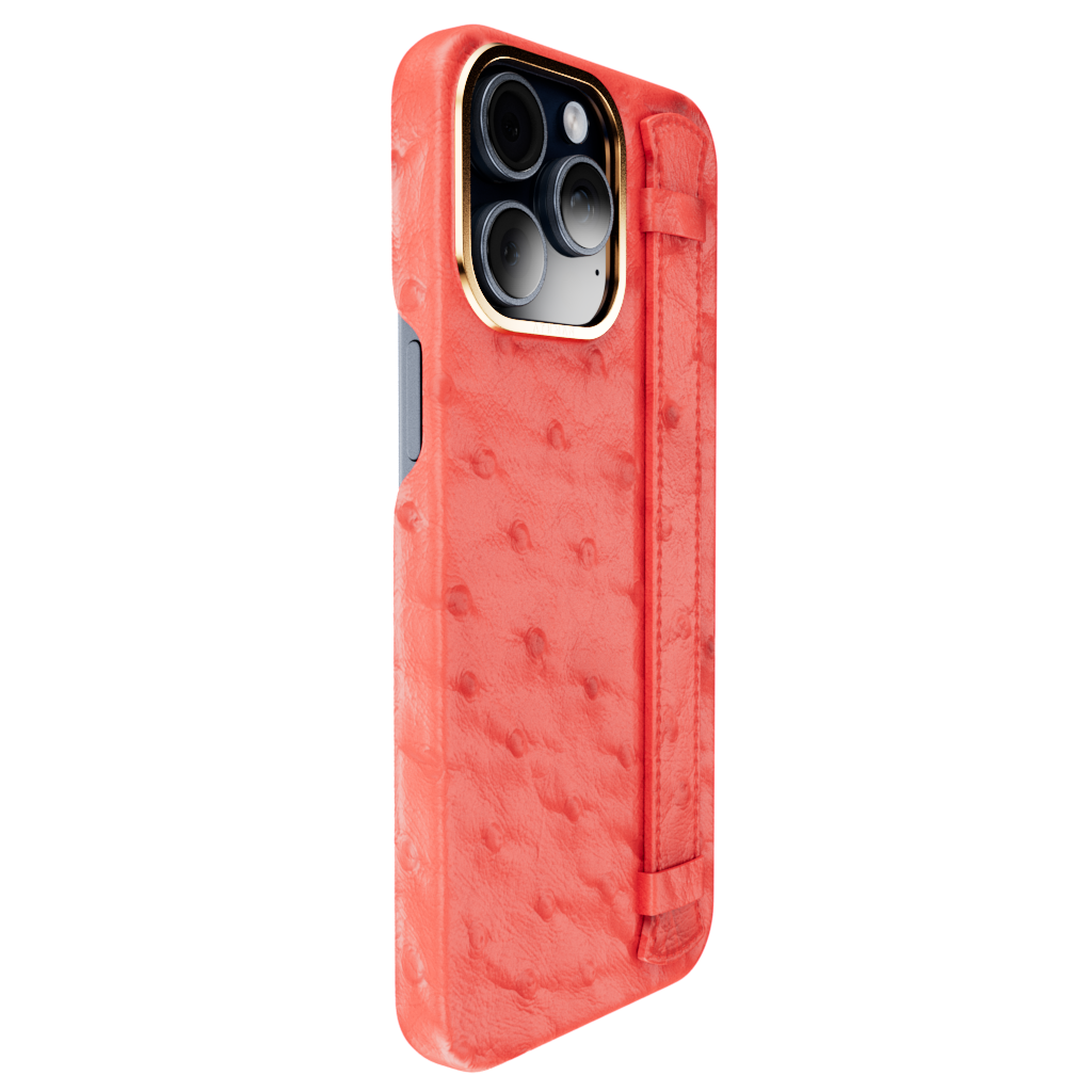 iPhone 15 Pro / Pro Max Leather Case - Ostrich Red - Gold Frame